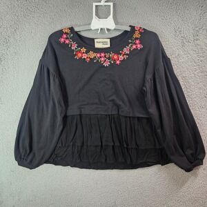 NEW Savanna Jane Top Blouse Women Small Floral Embroidered Black Stretch‎